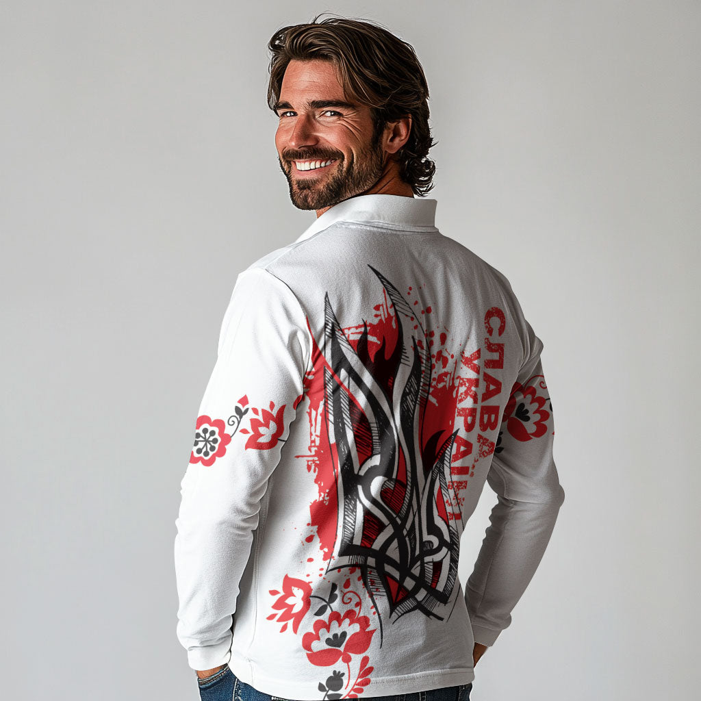 Ukrainian Heritage Tryzub Floral Long Sleeve Polo Shirt Ykpaiha Folk Art