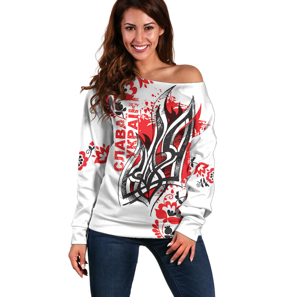 Ukrainian Heritage Tryzub Floral Off Shoulder Sweater Ykpaiha Folk Art