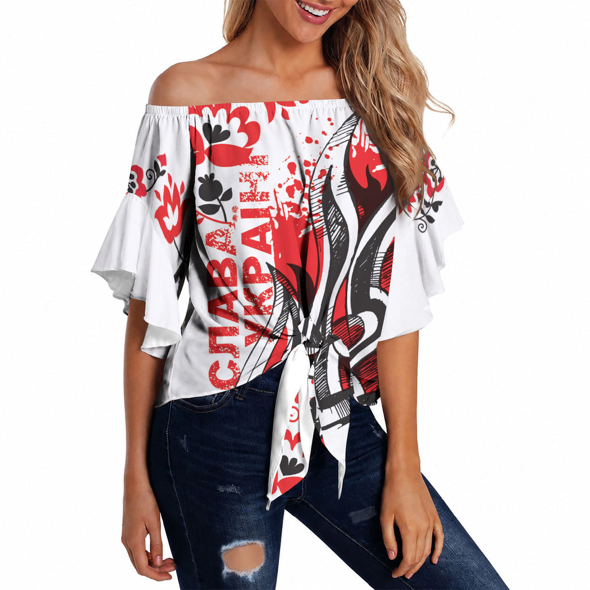 Ukrainian Heritage Tryzub Floral Off Shoulder Wrap Waist Top Ykpaiha Folk Art