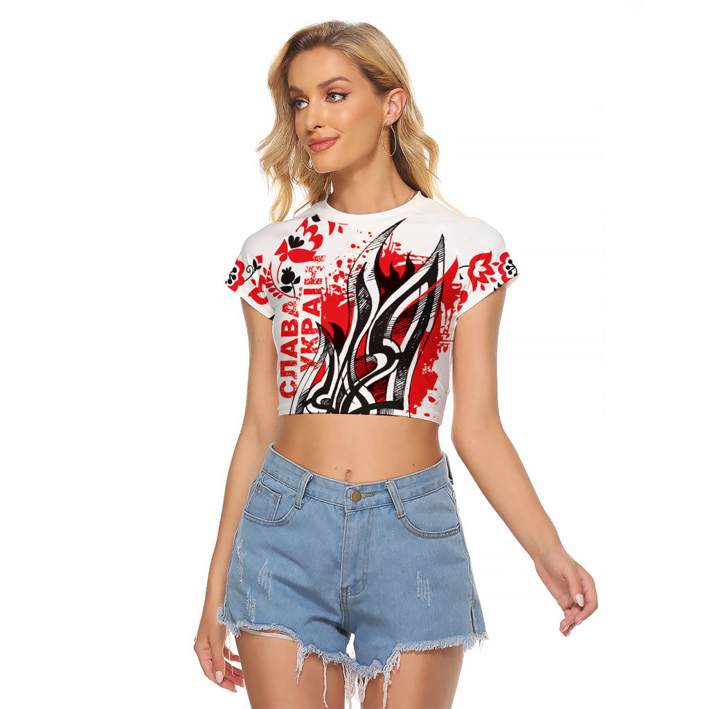 Ukrainian Heritage Tryzub Floral Raglan Cropped T Shirt Ykpaiha Folk Art