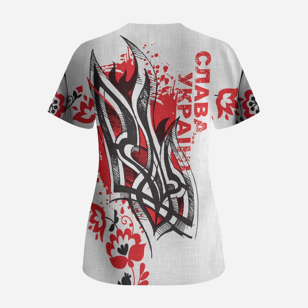 Ukrainian Heritage Tryzub Floral Scrub Top Ykpaiha Folk Art