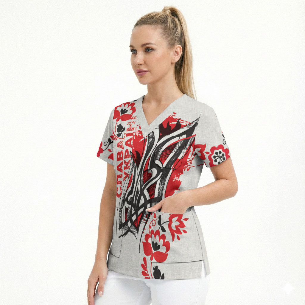 Ukrainian Heritage Tryzub Floral Scrub Top Ykpaiha Folk Art