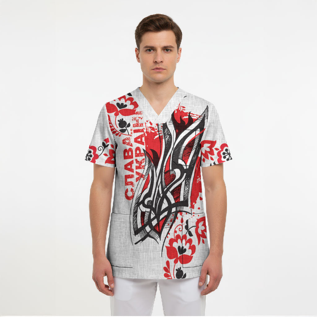 Ukrainian Heritage Tryzub Floral Scrub Top Ykpaiha Folk Art