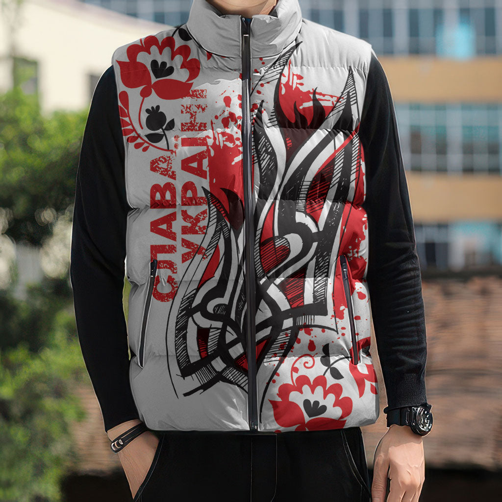 Ukrainian Heritage Tryzub Floral Sleeveless Puffer Jacket Ykpaiha Folk Art