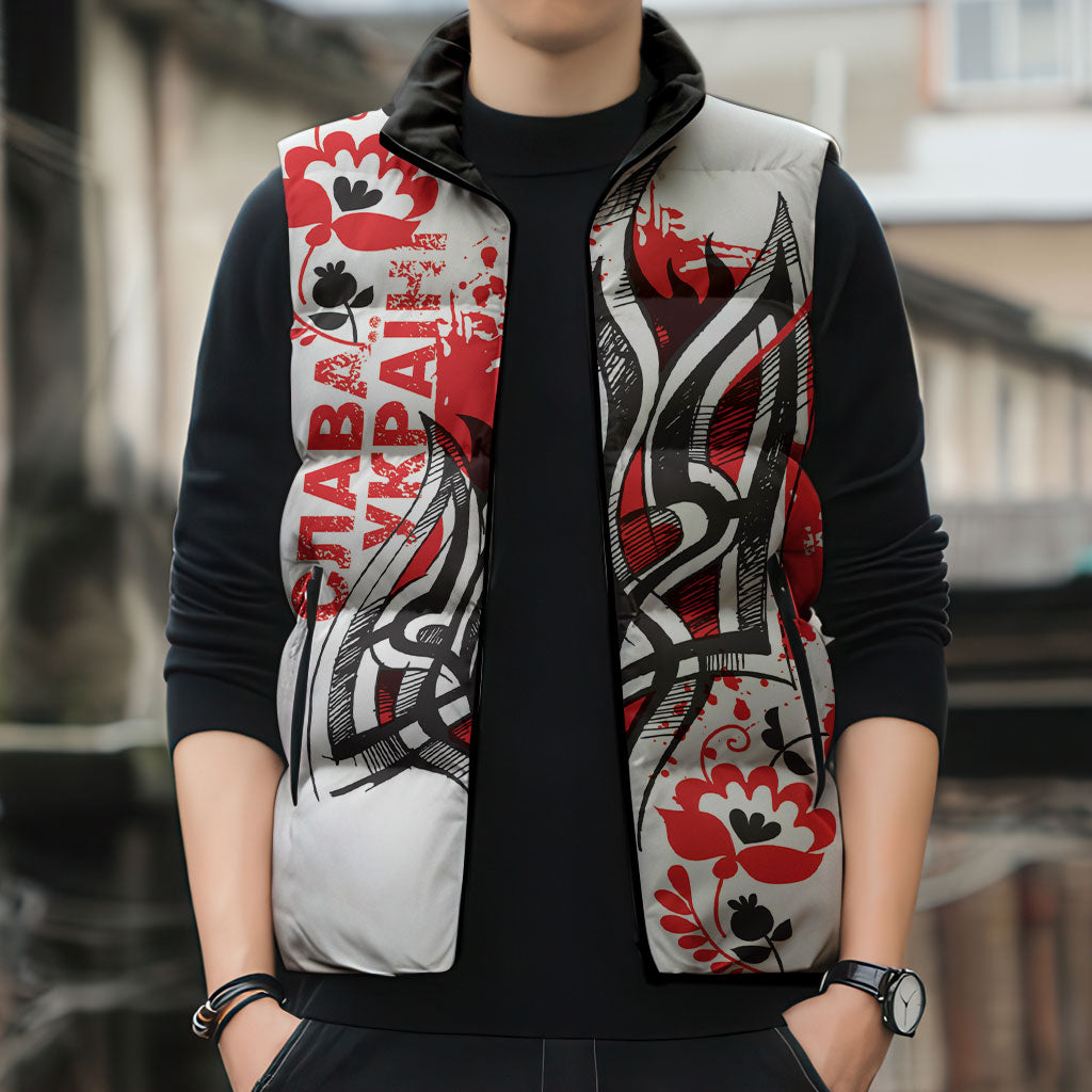 Ukrainian Heritage Tryzub Floral Sleeveless Puffer Jacket Ykpaiha Folk Art