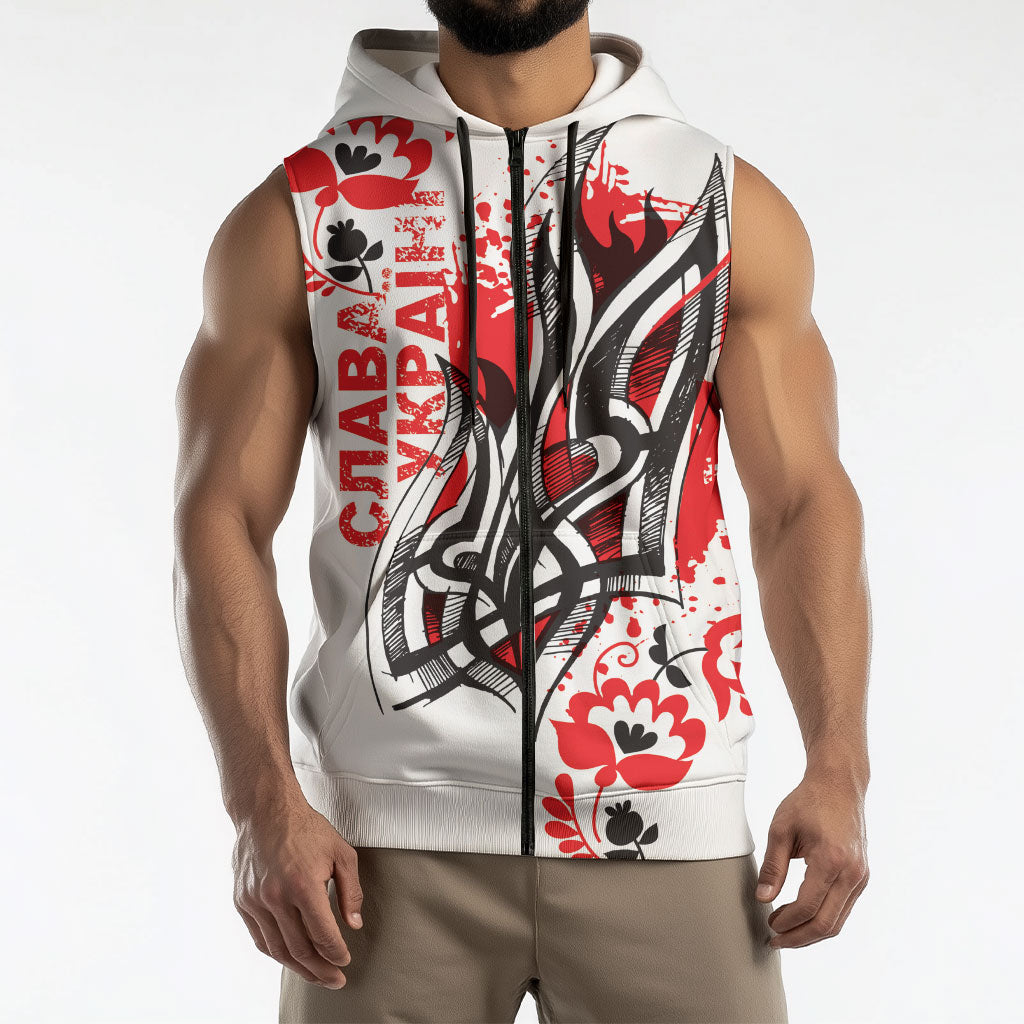 Ukrainian Heritage Tryzub Floral Sleeveless Zip Hoodie Ykpaiha Folk Art