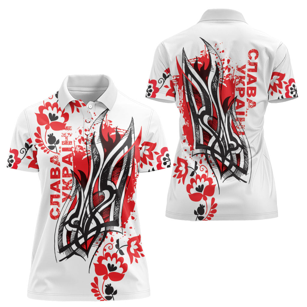 Ukrainian Heritage Tryzub Floral Women Polo Shirt Ykpaiha Folk Art