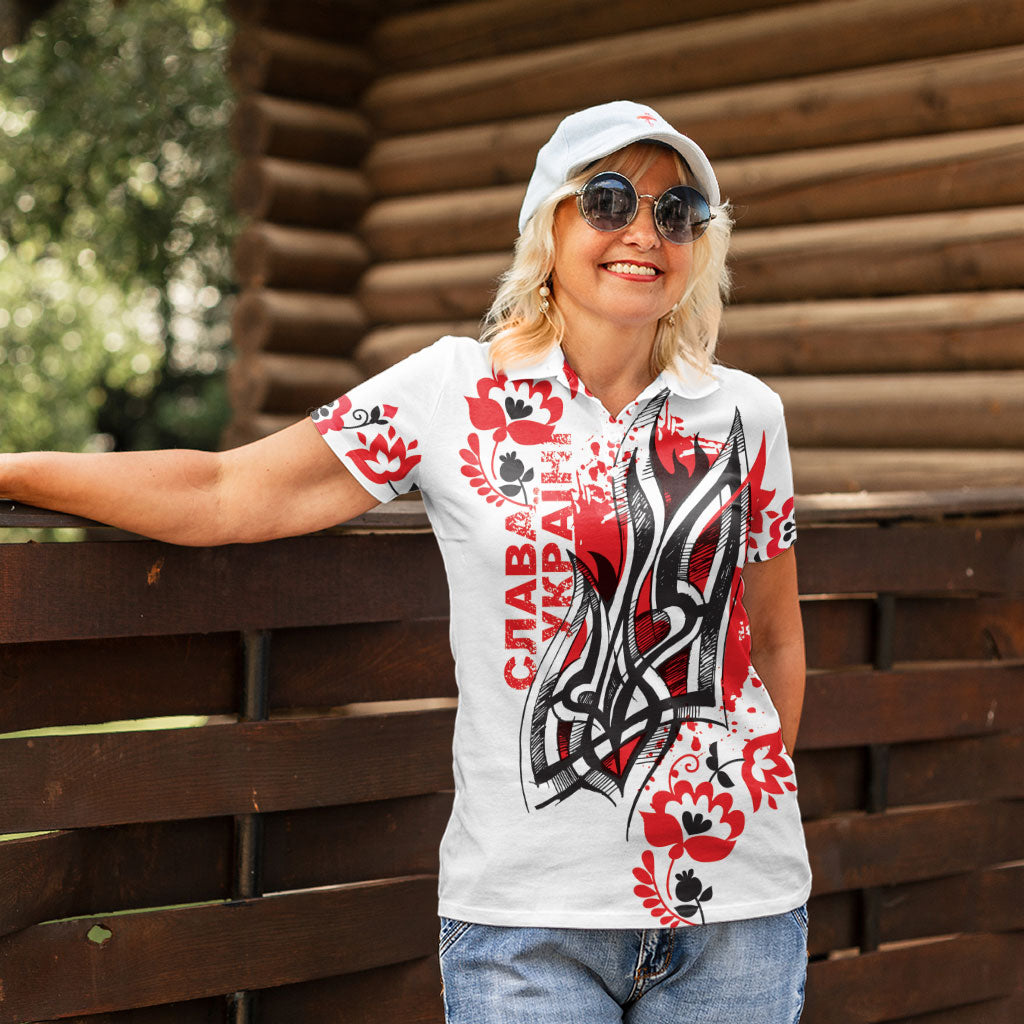 Ukrainian Heritage Tryzub Floral Women Polo Shirt Ykpaiha Folk Art