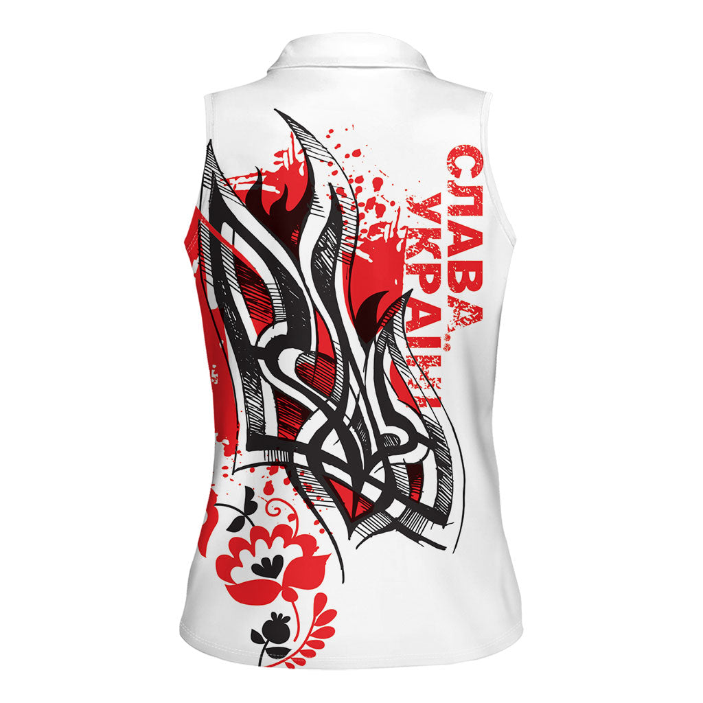 Ukrainian Heritage Tryzub Floral Women Sleeveless Polo Shirt Ykpaiha Folk Art