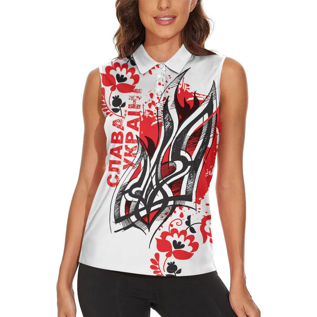 Ukrainian Heritage Tryzub Floral Women Sleeveless Polo Shirt Ykpaiha Folk Art