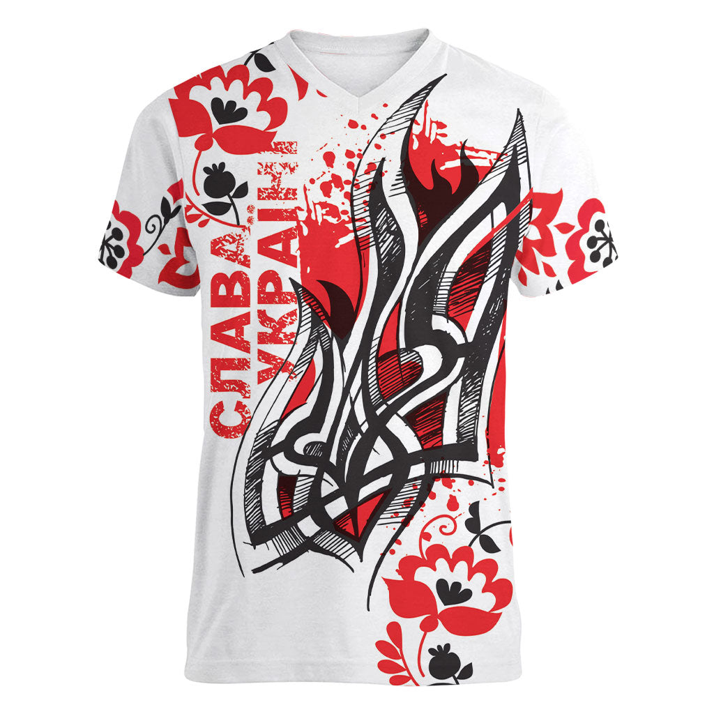 Ukrainian Heritage Tryzub Floral Women V-Neck T-Shirt Ykpaiha Folk Art