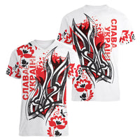 Ukrainian Heritage Tryzub Floral Women V-Neck T-Shirt Ykpaiha Folk Art