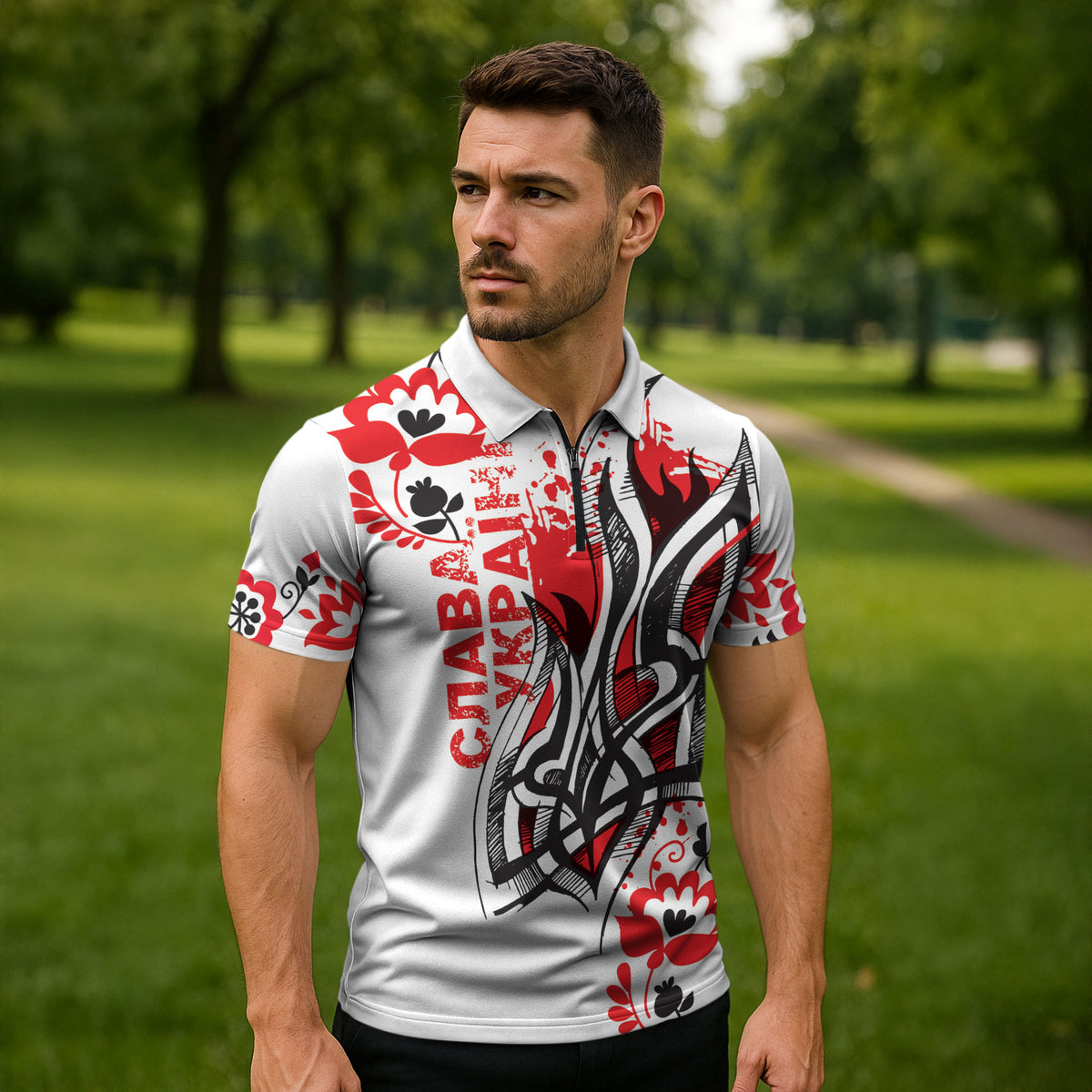 Ukrainian Heritage Tryzub Floral Zipper Polo Shirt Ykpaiha Folk Art