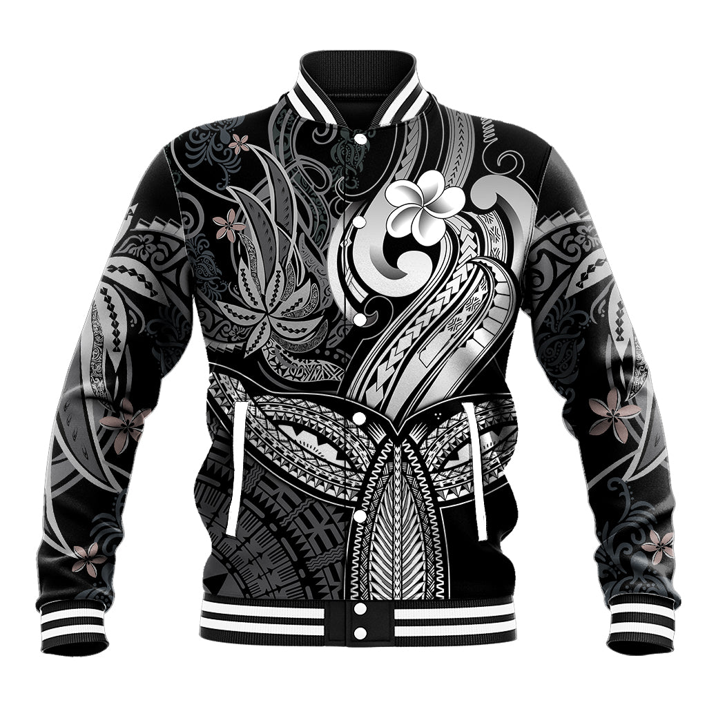Polynesia Baseball Jacket Whale Tale and Polynesian Sunset Plumeria Black LT9 - Wonder Print Shop