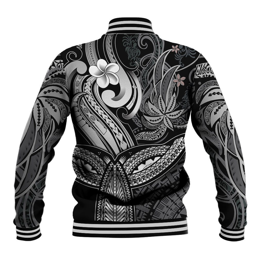 Polynesia Baseball Jacket Whale Tale and Polynesian Sunset Plumeria Black LT9 - Wonder Print Shop