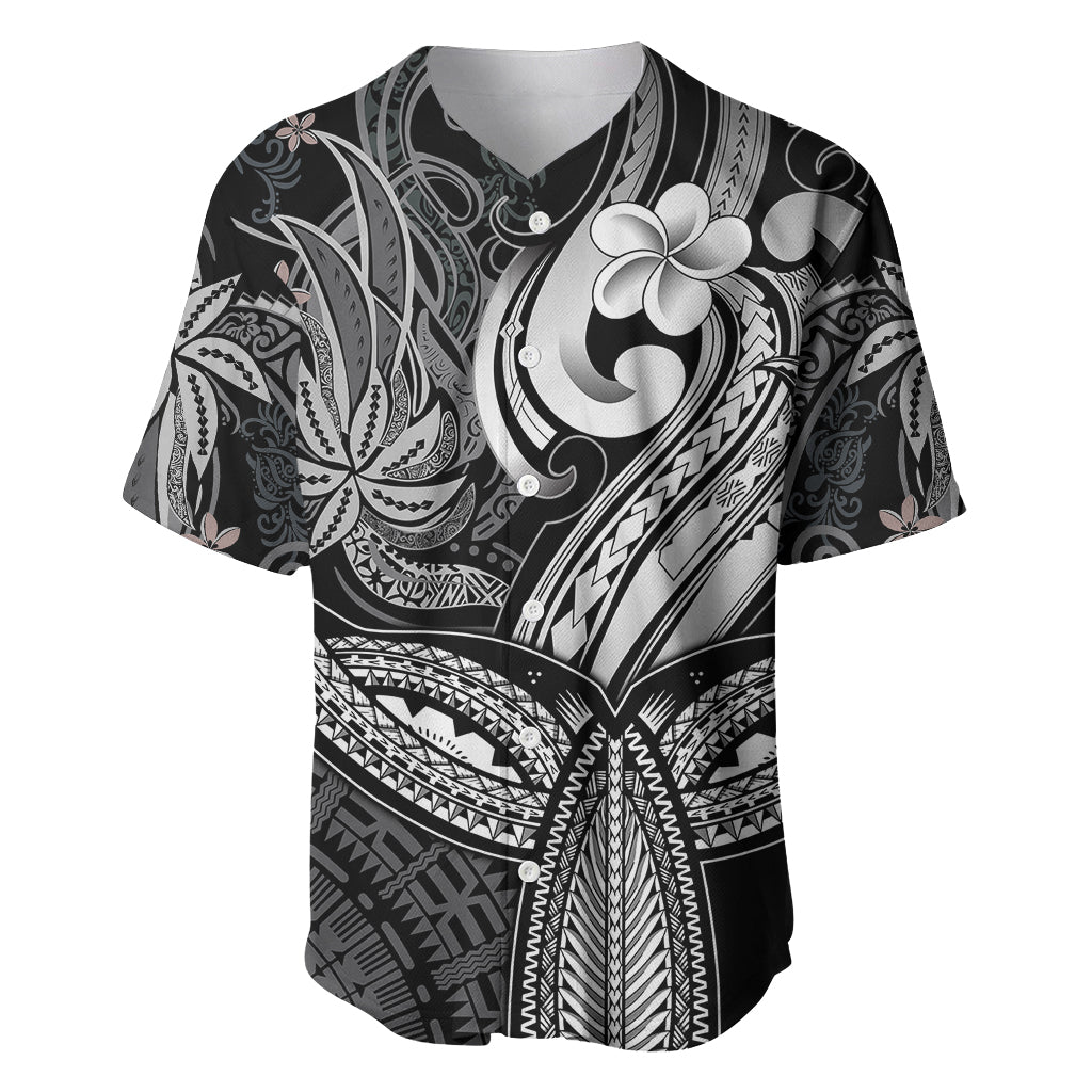 Polynesia Baseball Jersey Whale Tale and Polynesian Sunset Plumeria Black LT9 - Wonder Print Shop