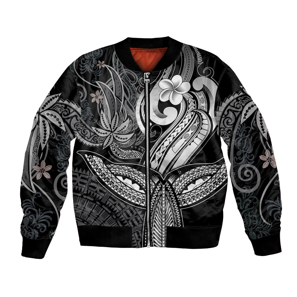 Polynesia Bomber Jacket Whale Tale and Polynesian Sunset Plumeria Black LT9 - Wonder Print Shop