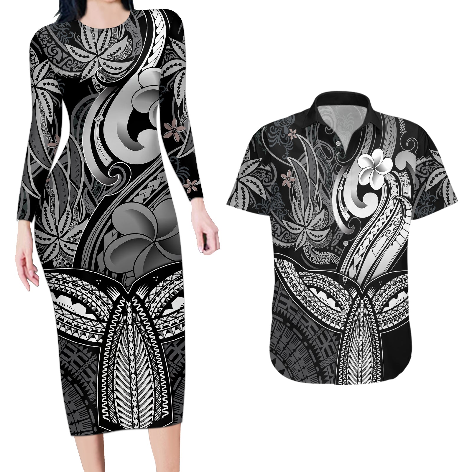 Polynesia Couples Matching Long Sleeve Bodycon Dress and Hawaiian Shirt Whale Tale and Polynesian Sunset Plumeria Black LT9 - Wonder Print Shop