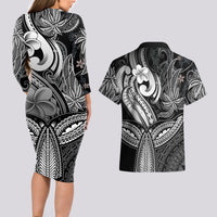 Polynesia Couples Matching Long Sleeve Bodycon Dress and Hawaiian Shirt Whale Tale and Polynesian Sunset Plumeria Black LT9 - Wonder Print Shop