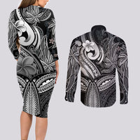 Polynesia Couples Matching Long Sleeve Bodycon Dress and Long Sleeve Button Shirts Whale Tale and Polynesian Sunset Plumeria Black LT9 - Wonder Print Shop
