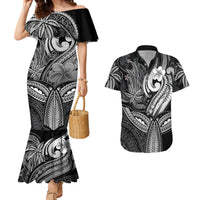 Polynesia Couples Matching Mermaid Dress and Hawaiian Shirt Whale Tale and Polynesian Sunset Plumeria Black LT9 - Wonder Print Shop