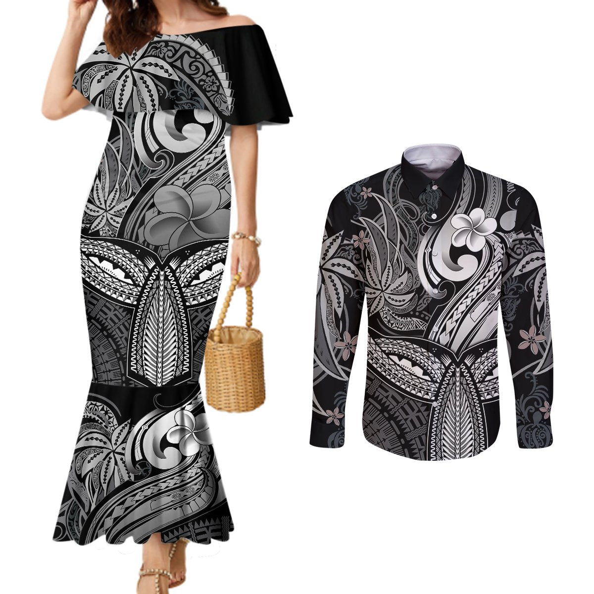 polynesia-couples-matching-mermaid-dress-and-long-sleeve-button-shirts-whale-tale-and-polynesian-sunset-plumeria-black