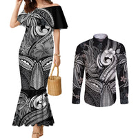 polynesia-couples-matching-mermaid-dress-and-long-sleeve-button-shirts-whale-tale-and-polynesian-sunset-plumeria-black