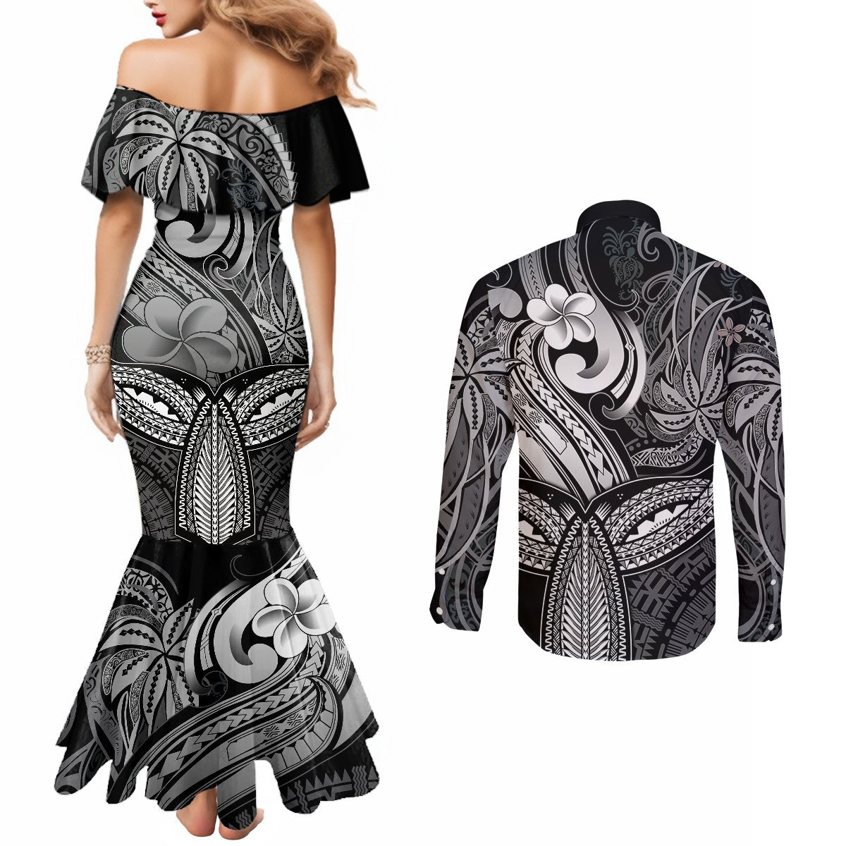 polynesia-couples-matching-mermaid-dress-and-long-sleeve-button-shirts-whale-tale-and-polynesian-sunset-plumeria-black