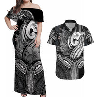 Polynesia Couples Matching Off Shoulder Maxi Dress and Hawaiian Shirt Whale Tale and Polynesian Sunset Plumeria Black LT9 - Wonder Print Shop