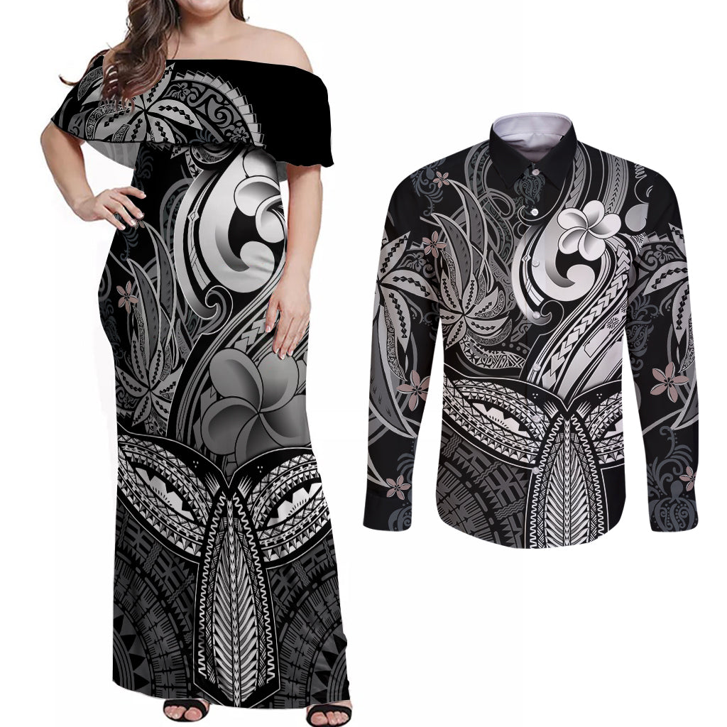 Polynesia Couples Matching Off Shoulder Maxi Dress and Long Sleeve Button Shirts Whale Tale and Polynesian Sunset Plumeria Black LT9 - Wonder Print Shop