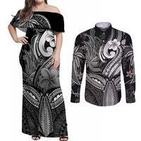 Polynesia Couples Matching Off Shoulder Maxi Dress and Long Sleeve Button Shirts Whale Tale and Polynesian Sunset Plumeria Black LT9 - Wonder Print Shop