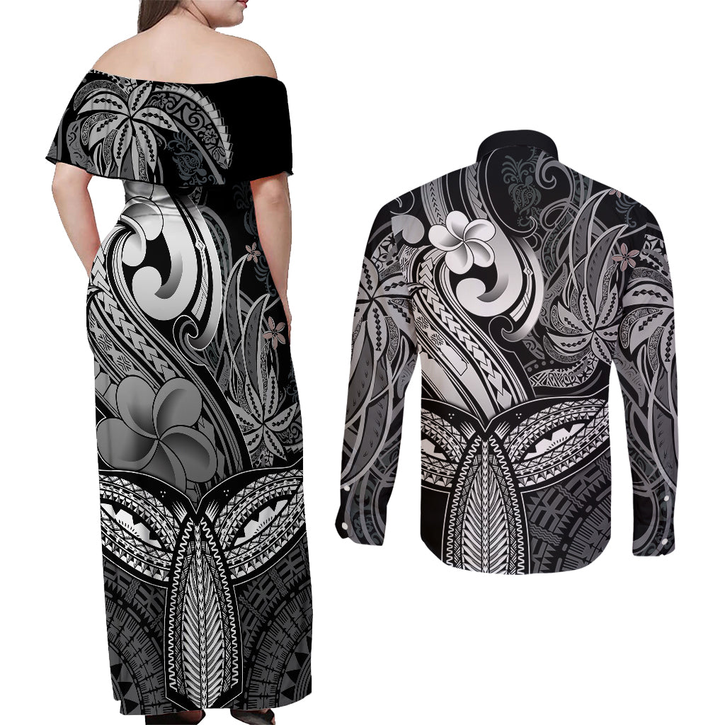 Polynesia Couples Matching Off Shoulder Maxi Dress and Long Sleeve Button Shirts Whale Tale and Polynesian Sunset Plumeria Black LT9 - Wonder Print Shop