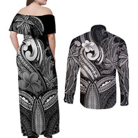 Polynesia Couples Matching Off Shoulder Maxi Dress and Long Sleeve Button Shirts Whale Tale and Polynesian Sunset Plumeria Black LT9 - Wonder Print Shop