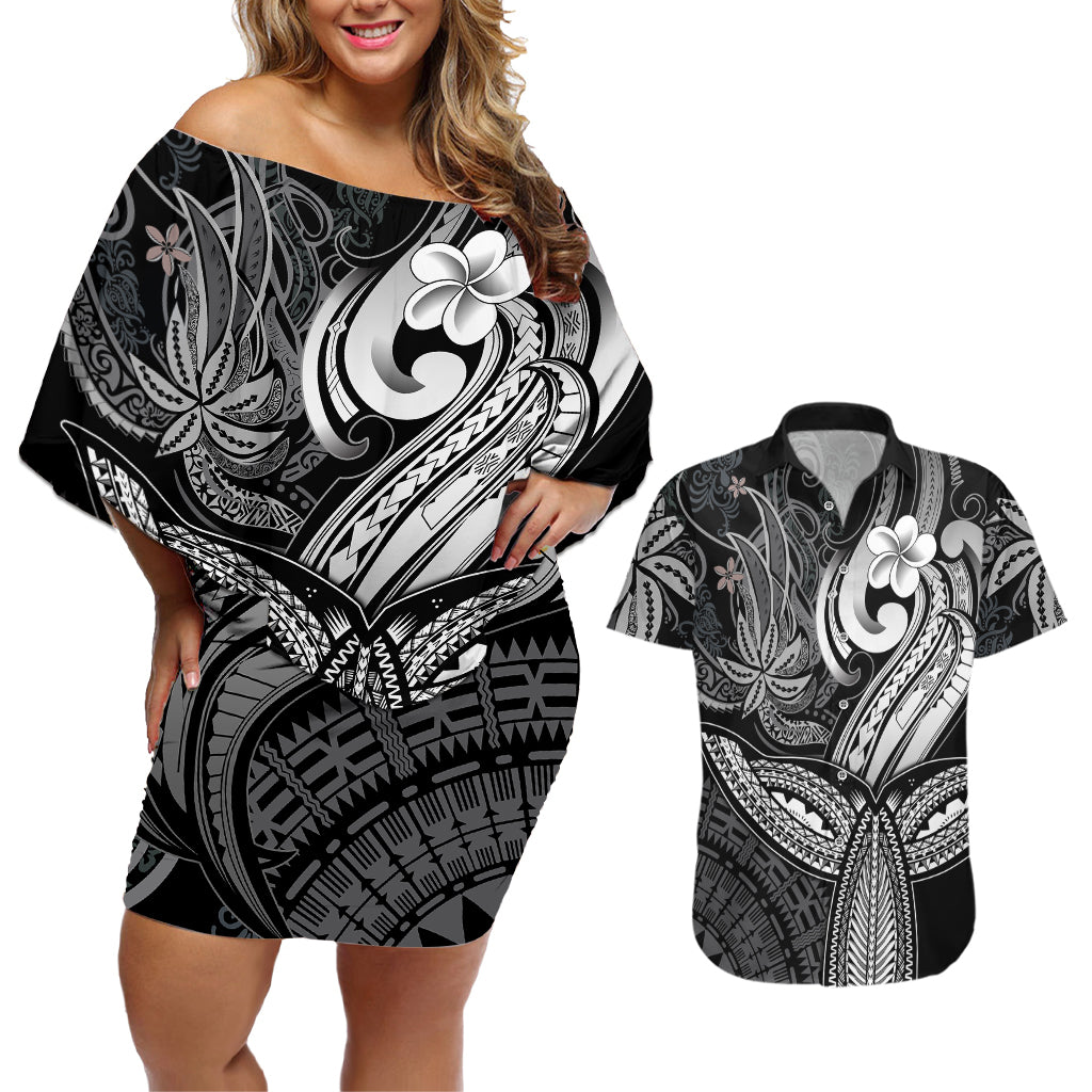 Polynesia Couples Matching Off Shoulder Short Dress and Hawaiian Shirt Whale Tale and Polynesian Sunset Plumeria Black LT9 - Wonder Print Shop