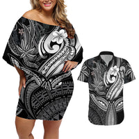 Polynesia Couples Matching Off Shoulder Short Dress and Hawaiian Shirt Whale Tale and Polynesian Sunset Plumeria Black LT9 - Wonder Print Shop