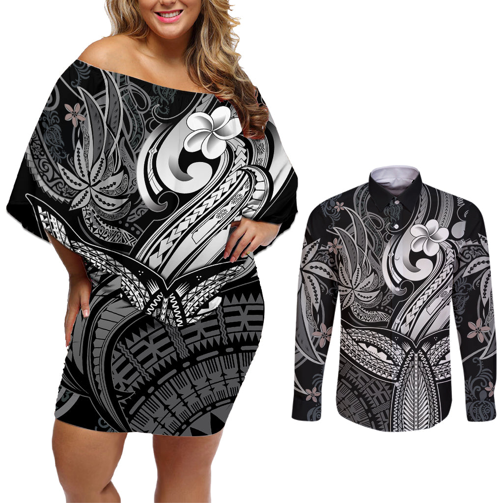 Polynesia Couples Matching Off Shoulder Short Dress and Long Sleeve Button Shirts Whale Tale and Polynesian Sunset Plumeria Black LT9 - Wonder Print Shop