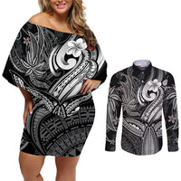 Polynesia Couples Matching Off Shoulder Short Dress and Long Sleeve Button Shirts Whale Tale and Polynesian Sunset Plumeria Black LT9 - Wonder Print Shop