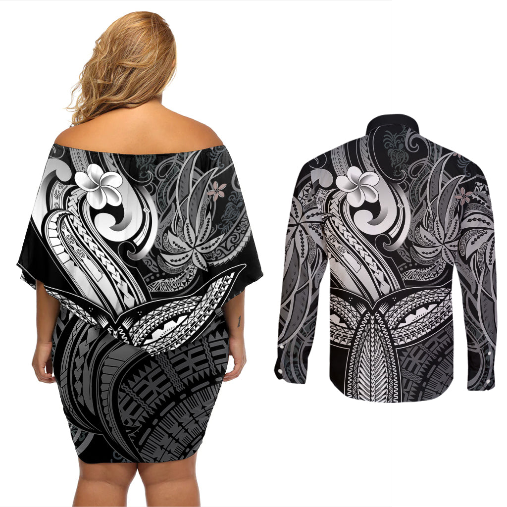 Polynesia Couples Matching Off Shoulder Short Dress and Long Sleeve Button Shirts Whale Tale and Polynesian Sunset Plumeria Black LT9 - Wonder Print Shop