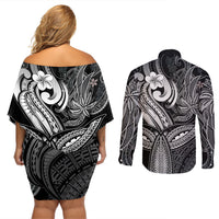 Polynesia Couples Matching Off Shoulder Short Dress and Long Sleeve Button Shirts Whale Tale and Polynesian Sunset Plumeria Black LT9 - Wonder Print Shop