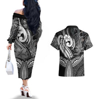 Polynesia Couples Matching Off The Shoulder Long Sleeve Dress and Hawaiian Shirt Whale Tale and Polynesian Sunset Plumeria Black LT9 - Wonder Print Shop