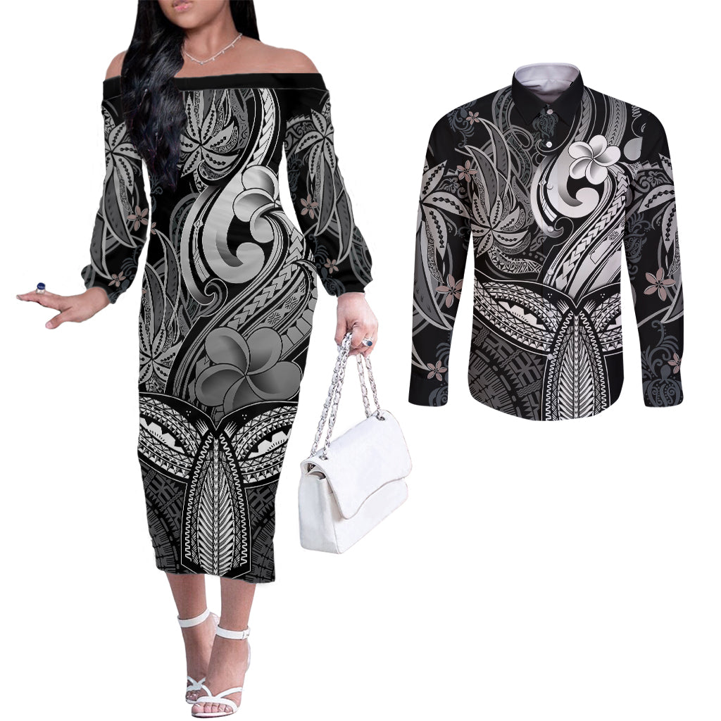 polynesia-couples-matching-off-the-shoulder-long-sleeve-dress-and-long-sleeve-button-shirts-whale-tale-and-polynesian-sunset-plumeria-black