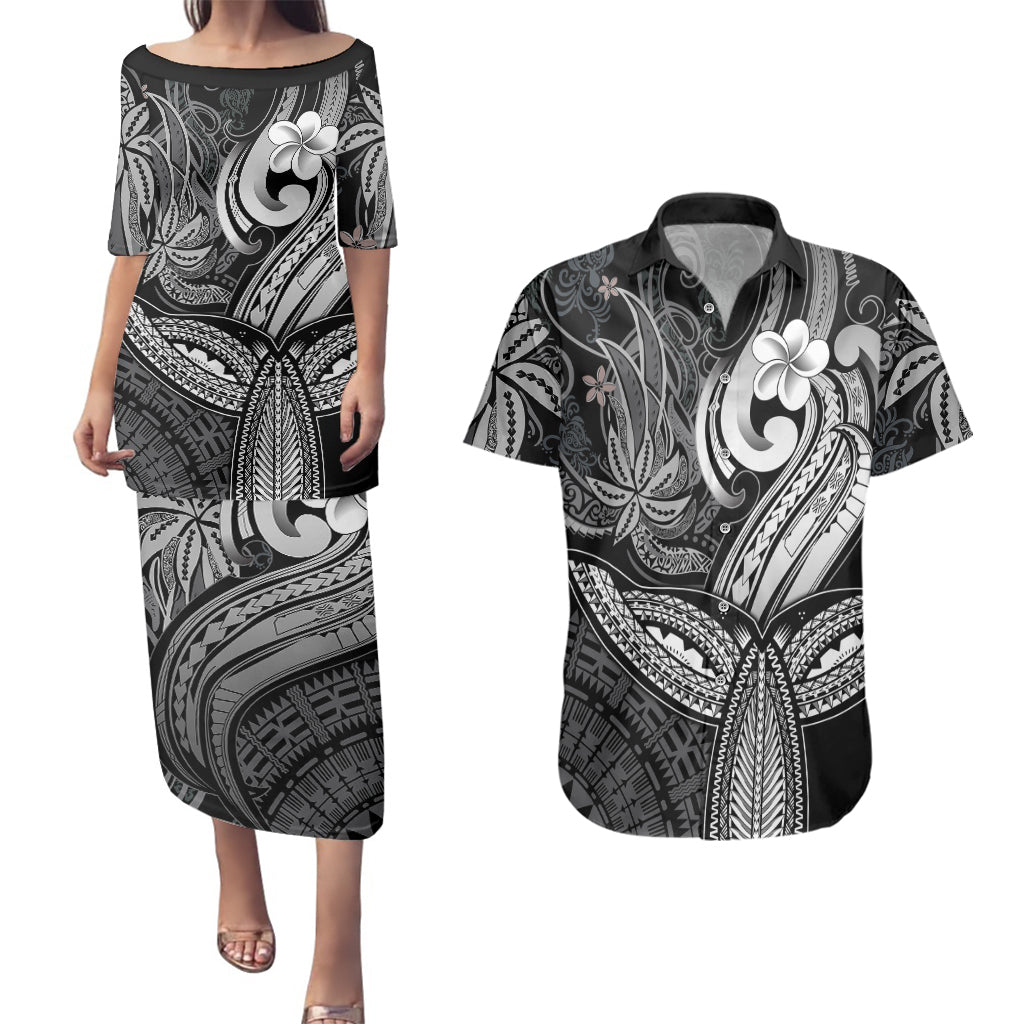Polynesia Couples Matching Puletasi Dress and Hawaiian Shirt Whale Tale and Polynesian Sunset Plumeria Black LT9 - Wonder Print Shop