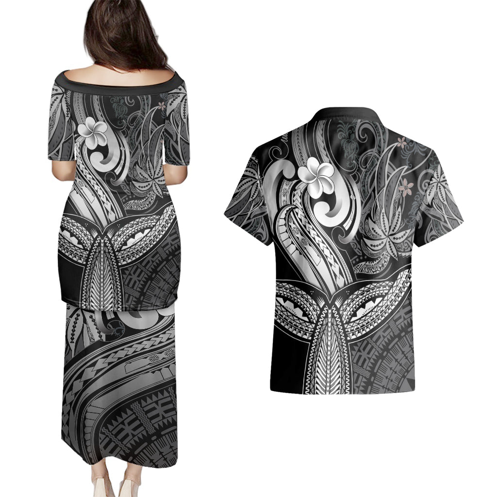 Polynesia Couples Matching Puletasi Dress and Hawaiian Shirt Whale Tale and Polynesian Sunset Plumeria Black LT9 - Wonder Print Shop