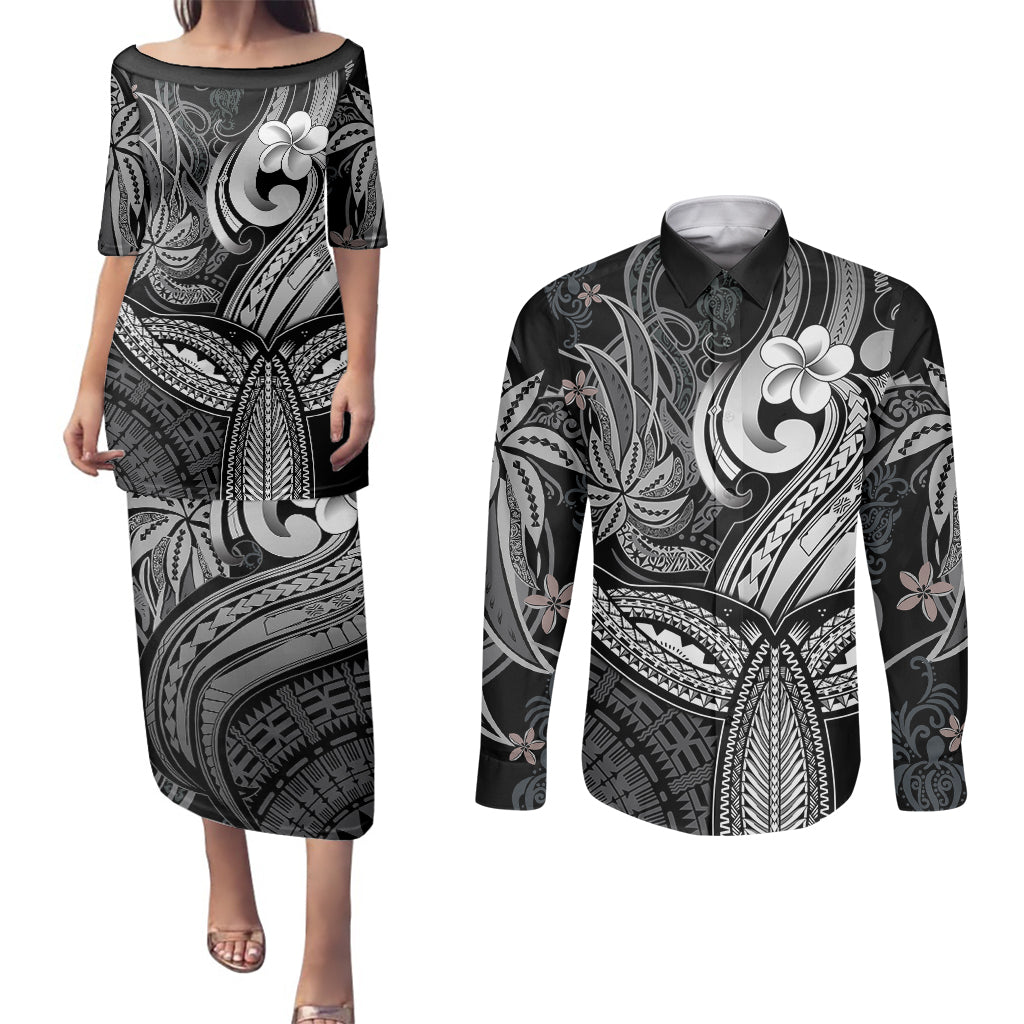 Polynesia Couples Matching Puletasi Dress and Long Sleeve Button Shirts Whale Tale and Polynesian Sunset Plumeria Black LT9 - Wonder Print Shop