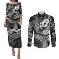 Polynesia Couples Matching Puletasi Dress and Long Sleeve Button Shirts Whale Tale and Polynesian Sunset Plumeria Black LT9 - Wonder Print Shop