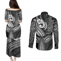 Polynesia Couples Matching Puletasi Dress and Long Sleeve Button Shirts Whale Tale and Polynesian Sunset Plumeria Black LT9 - Wonder Print Shop