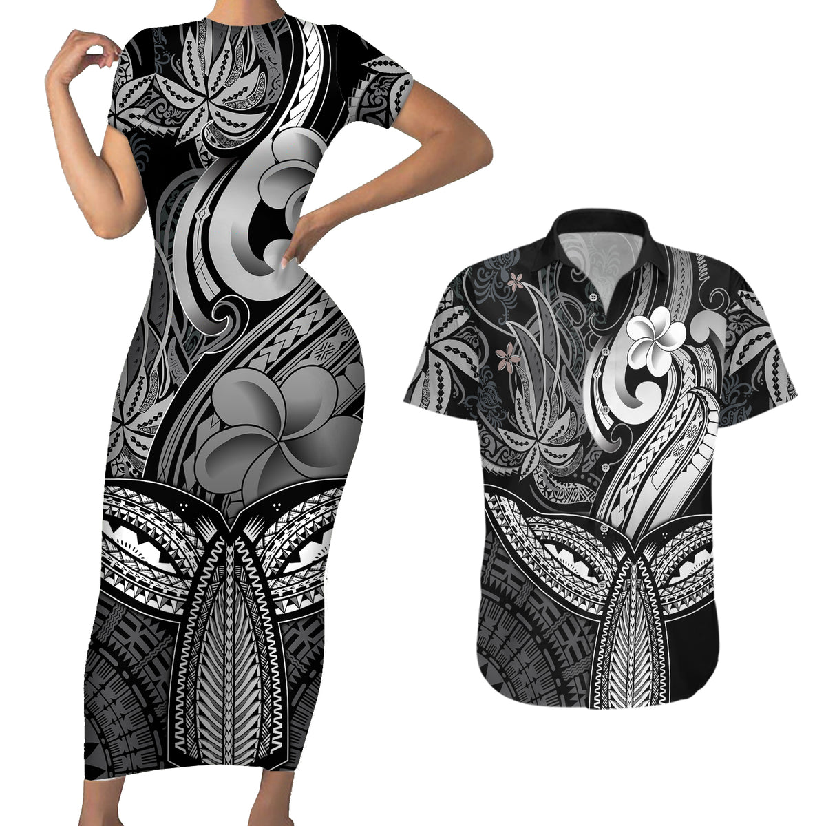 Polynesia Couples Matching Short Sleeve Bodycon Dress and Hawaiian Shirt Whale Tale and Polynesian Sunset Plumeria Black LT9 - Wonder Print Shop