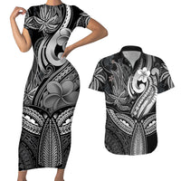 Polynesia Couples Matching Short Sleeve Bodycon Dress and Hawaiian Shirt Whale Tale and Polynesian Sunset Plumeria Black LT9 - Wonder Print Shop