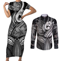 Polynesia Couples Matching Short Sleeve Bodycon Dress and Long Sleeve Button Shirts Whale Tale and Polynesian Sunset Plumeria Black LT9 - Wonder Print Shop