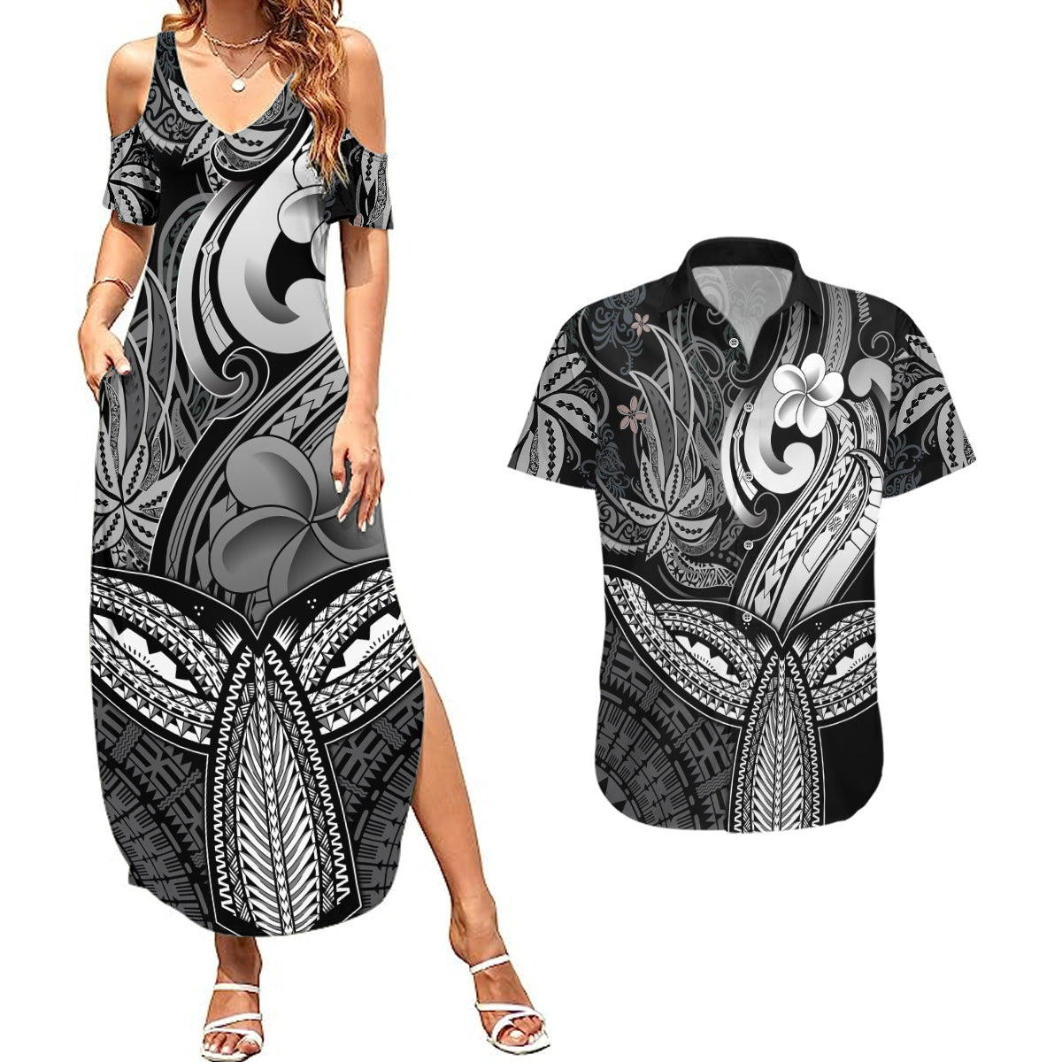 Polynesia Couples Matching Summer Maxi Dress and Hawaiian Shirt Whale Tale and Polynesian Sunset Plumeria Black LT9 - Wonder Print Shop